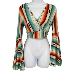 Lucky & Blessed Crop Top Sz S Bell Sleeve Serape Cowgirl Rodeo Festival Western